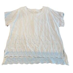 Mini Bee 100% Linen Embroidered Blue  Short Sleeve Top Blouse Size XXL Lagenlook